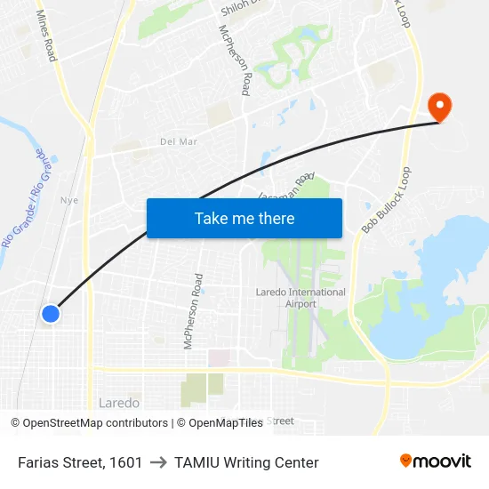 Farias Street, 1601 to TAMIU Writing Center map