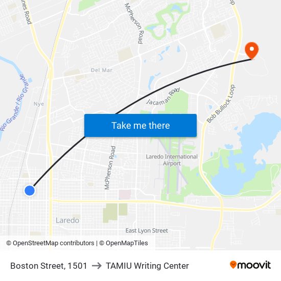 Boston Street, 1501 to TAMIU Writing Center map