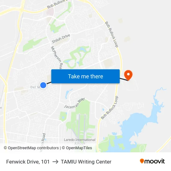 Fenwick Drive, 101 to TAMIU Writing Center map