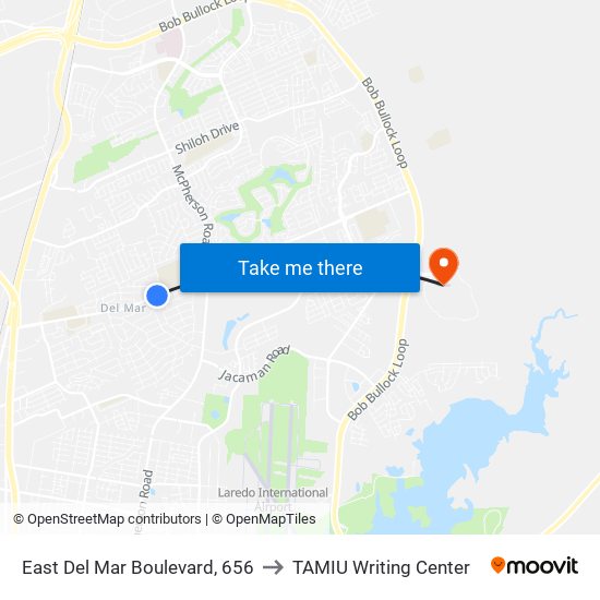 East Del Mar Boulevard, 656 to TAMIU Writing Center map