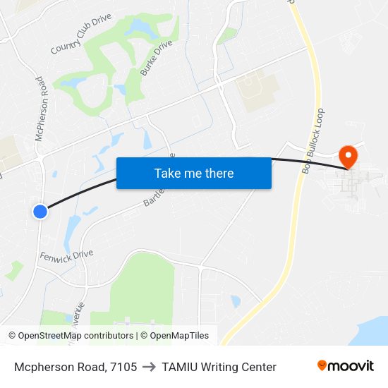Mcpherson Road, 7105 to TAMIU Writing Center map