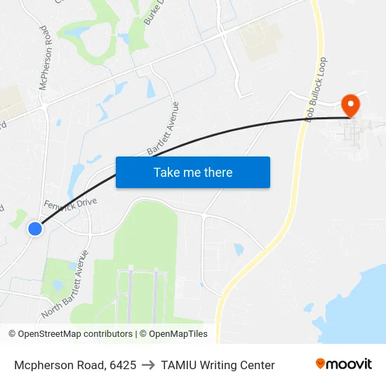 Mcpherson Road, 6425 to TAMIU Writing Center map