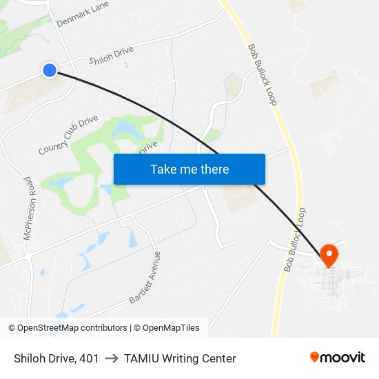 Shiloh Drive, 401 to TAMIU Writing Center map