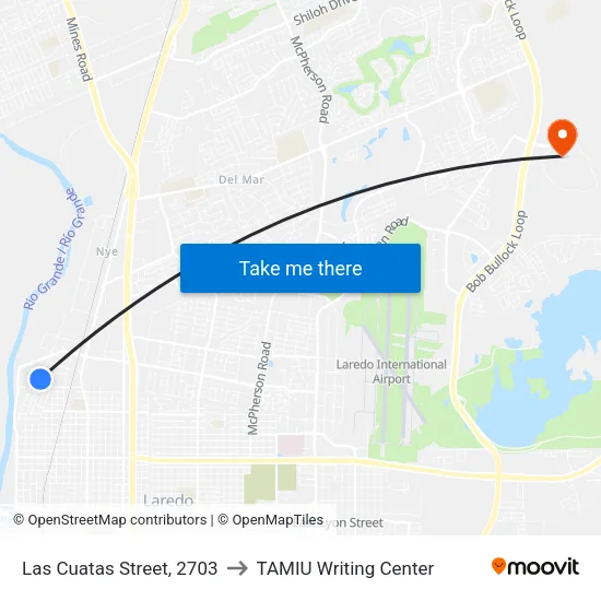 Las Cuatas Street, 2703 to TAMIU Writing Center map