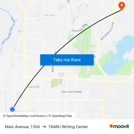 Main Avenue, 1304 to TAMIU Writing Center map