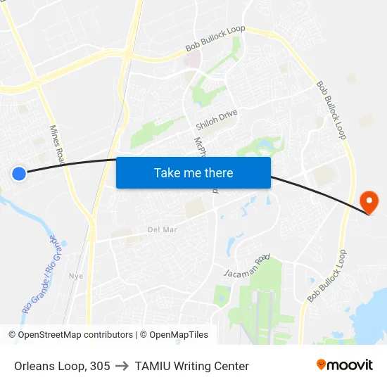 Orleans Loop, 305 to TAMIU Writing Center map