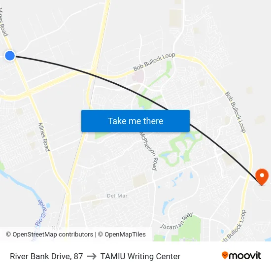 River Bank Drive, 87 to TAMIU Writing Center map