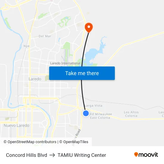 Concord Hills Blvd to TAMIU Writing Center map