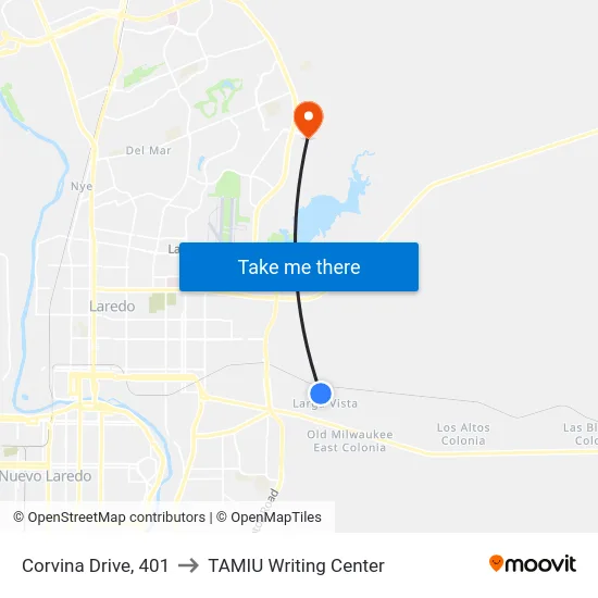 Corvina Drive, 401 to TAMIU Writing Center map