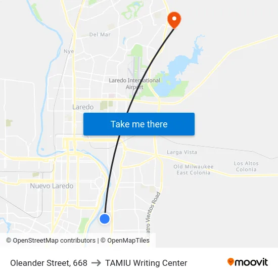 Oleander Street, 668 to TAMIU Writing Center map