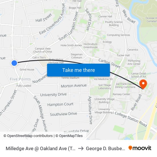 Milledge Ave @ Oakland Ave (Tri-Delta) to George D. Busbee Hall map