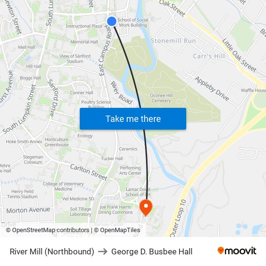 River Mill (Northbound) to George D. Busbee Hall map