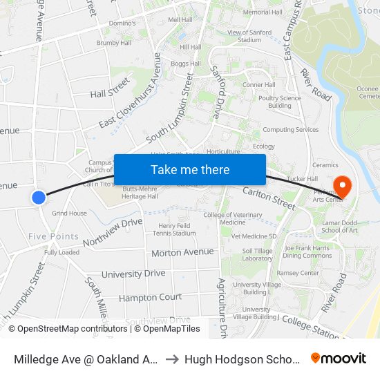 Milledge Ave @ Oakland Ave (Tri-Delta) to Hugh Hodgson School Of Music map