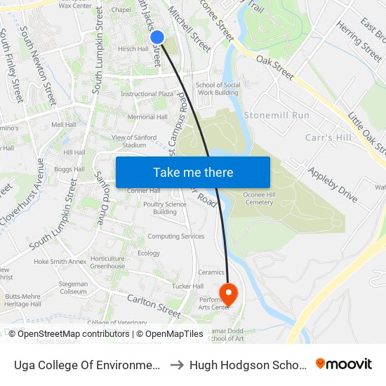 Uga College Of Environment And Design to Hugh Hodgson School Of Music map