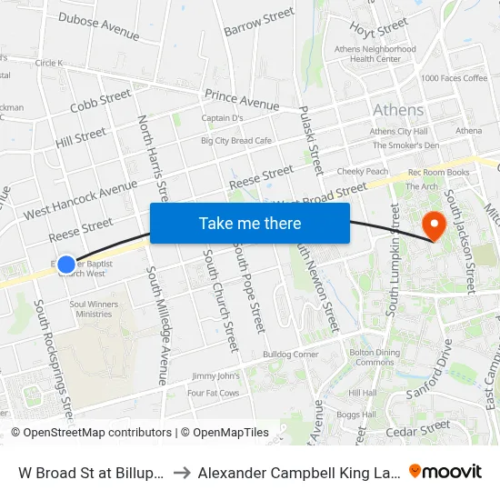 W Broad St at Billups St Ob to Alexander Campbell King Law Library map