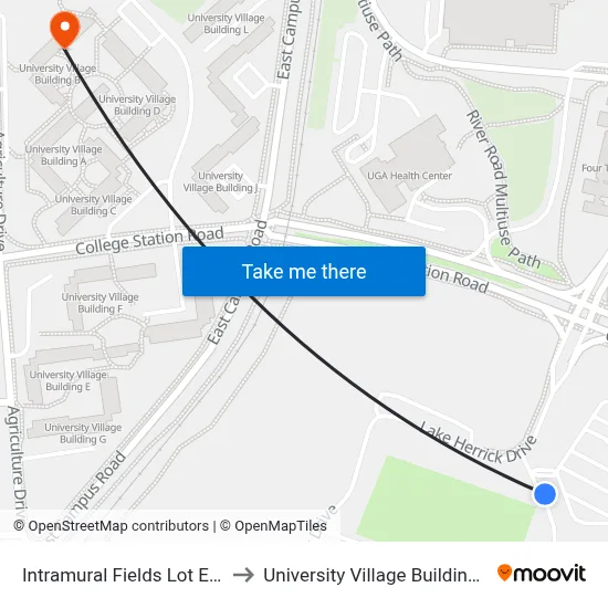 Intramural Fields Lot E01 to University Village Building B map