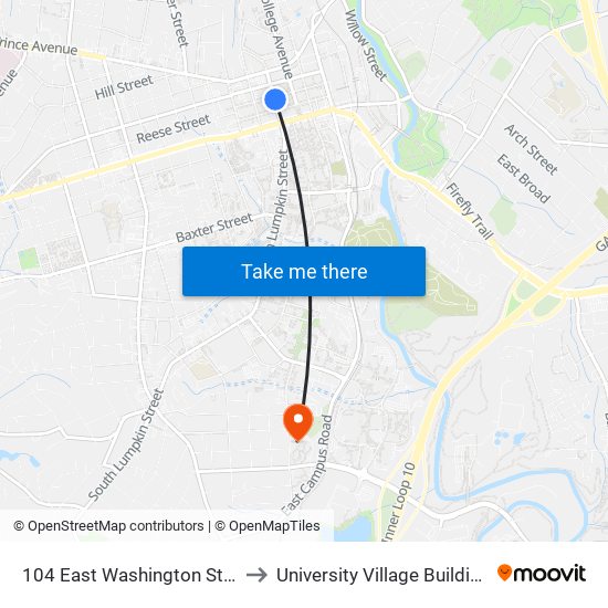 104 East Washington Street to University Village Building B map