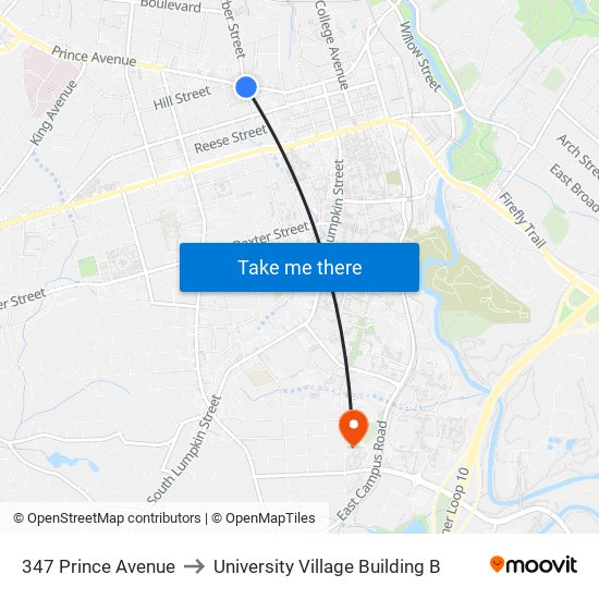 347 Prince Avenue to University Village Building B map