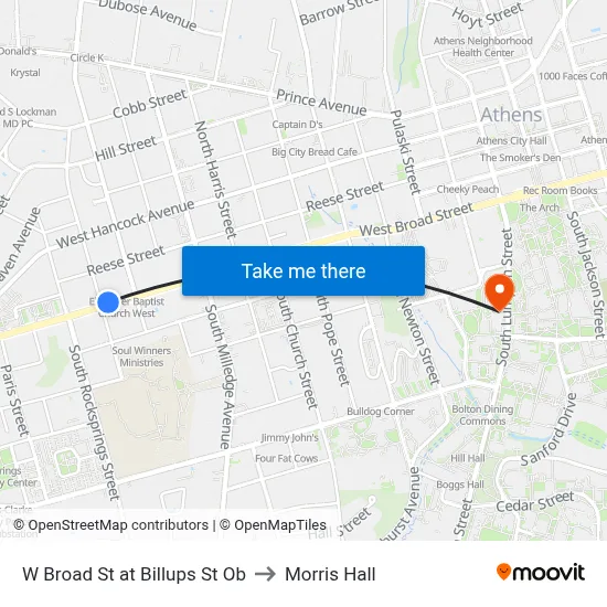 W Broad St at Billups St Ob to Morris Hall map