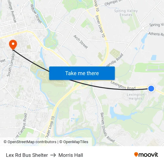 Lex Rd Bus Shelter to Morris Hall map