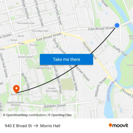 940 E Broad St to Morris Hall map