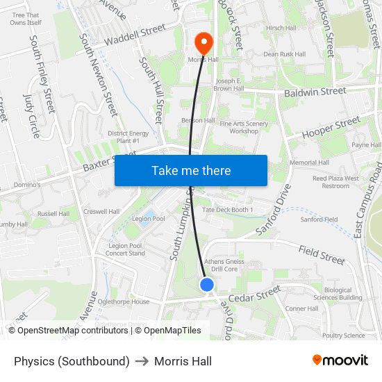 Physics (Southbound) to Morris Hall map