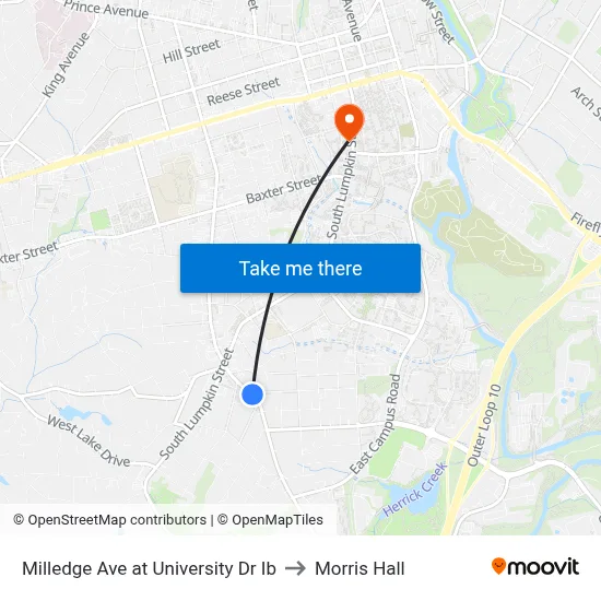Milledge Ave at University Dr Ib to Morris Hall map