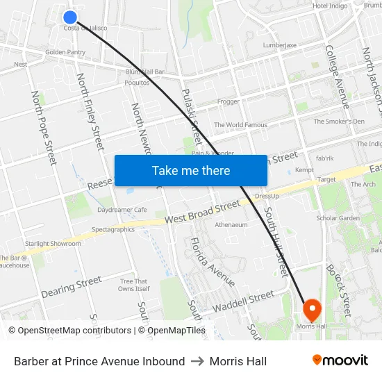 Barber at Prince Avenue Inbound to Morris Hall map
