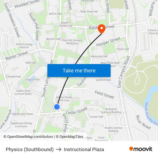 Physics (Southbound) to Instructional Plaza map