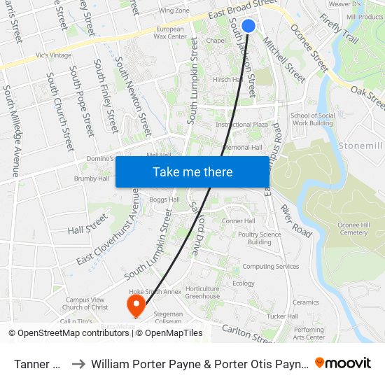 Tanner Building to William Porter Payne & Porter Otis Payne Indoor Athletic Facility map