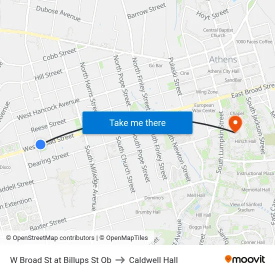 W Broad St at Billups St Ob to Caldwell Hall map