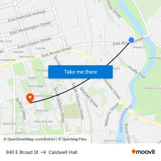 940 E Broad St to Caldwell Hall map