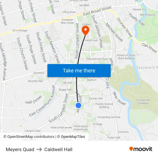 Meyers Quad to Caldwell Hall map