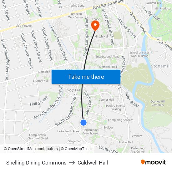 Snelling Dining Commons to Caldwell Hall map