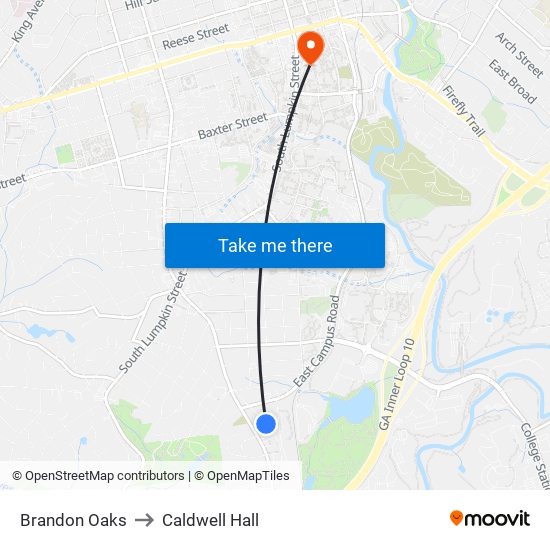 Brandon Oaks to Caldwell Hall map