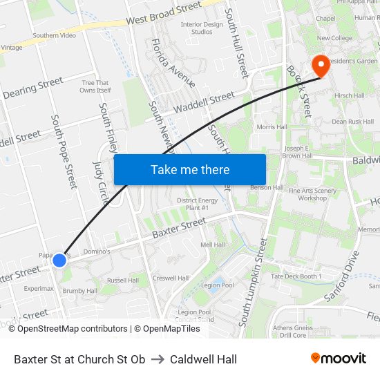 Baxter St at Church St Ob to Caldwell Hall map