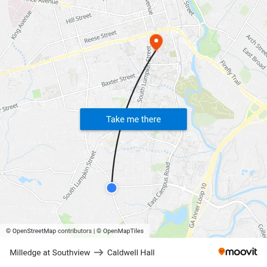 Milledge at Southview to Caldwell Hall map