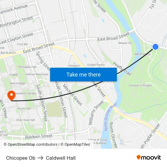 Chicopee Ob to Caldwell Hall map
