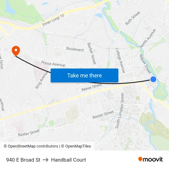 940 E Broad St to Handball Court map
