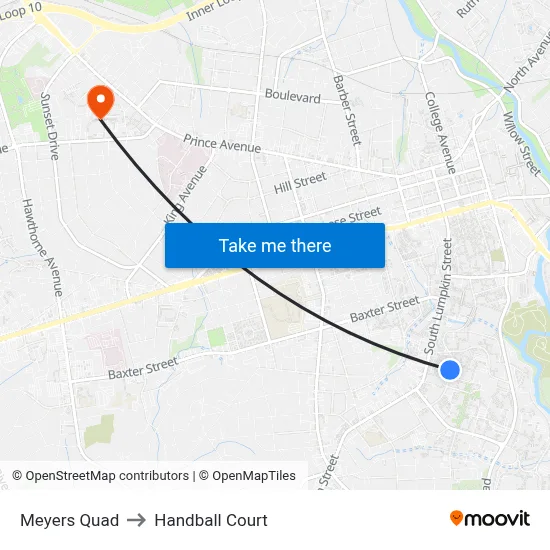 Meyers Quad to Handball Court map