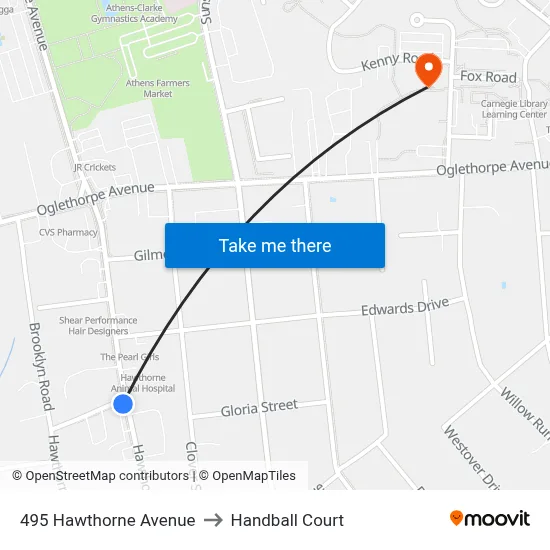 495 Hawthorne Avenue to Handball Court map