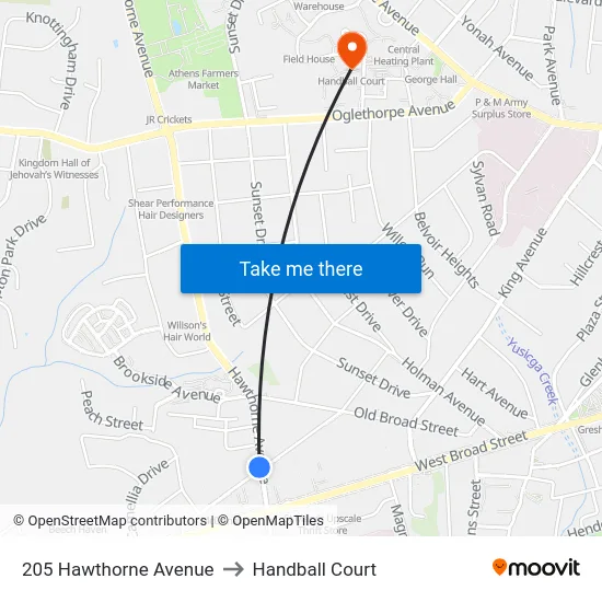 205 Hawthorne Avenue to Handball Court map