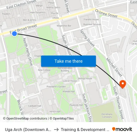 Uga Arch (Downtown Athens) to Training & Development Center map