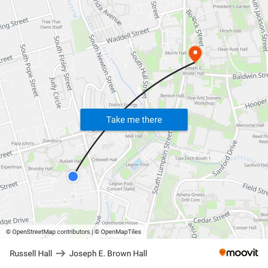 Russell Hall to Joseph E. Brown Hall map