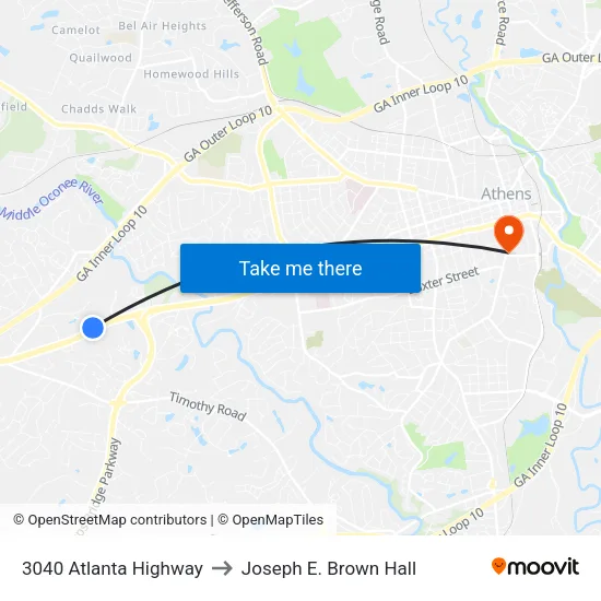 3040 Atlanta Highway to Joseph E. Brown Hall map