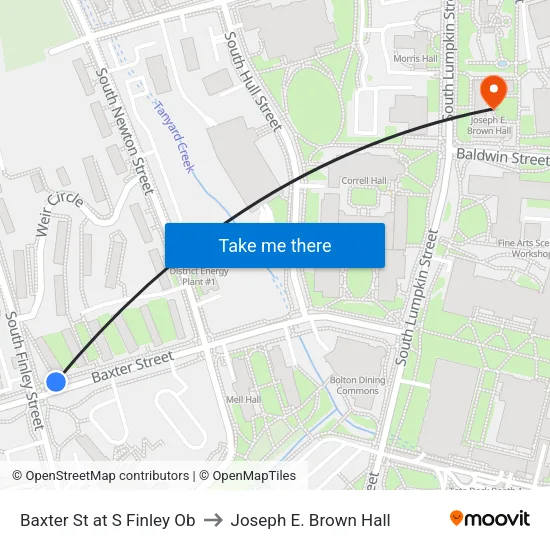 Baxter St at S Finley Ob to Joseph E. Brown Hall map