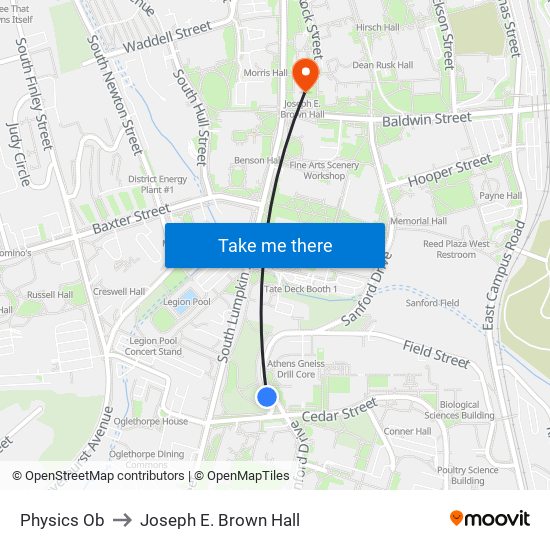 Physics Ob to Joseph E. Brown Hall map