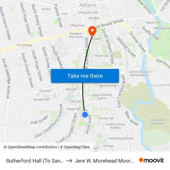 Rutherford Hall (To Sanford Dr) to Jere W. Morehead Moore College map