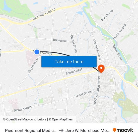 Piedmont Regional Medical Center Ob to Jere W. Morehead Moore College map