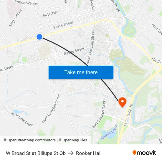 W Broad St at Billups St Ob to Rooker Hall map